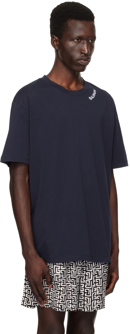 Shop Balmain Navy '' Embroidered T-shirt In Siv Marine/blanc