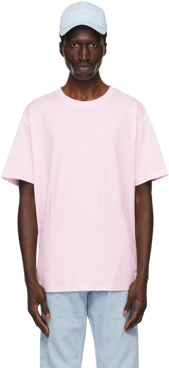 Shop Balmain Pink ' Signature' T-shirt In Oes Rose Clair/blan