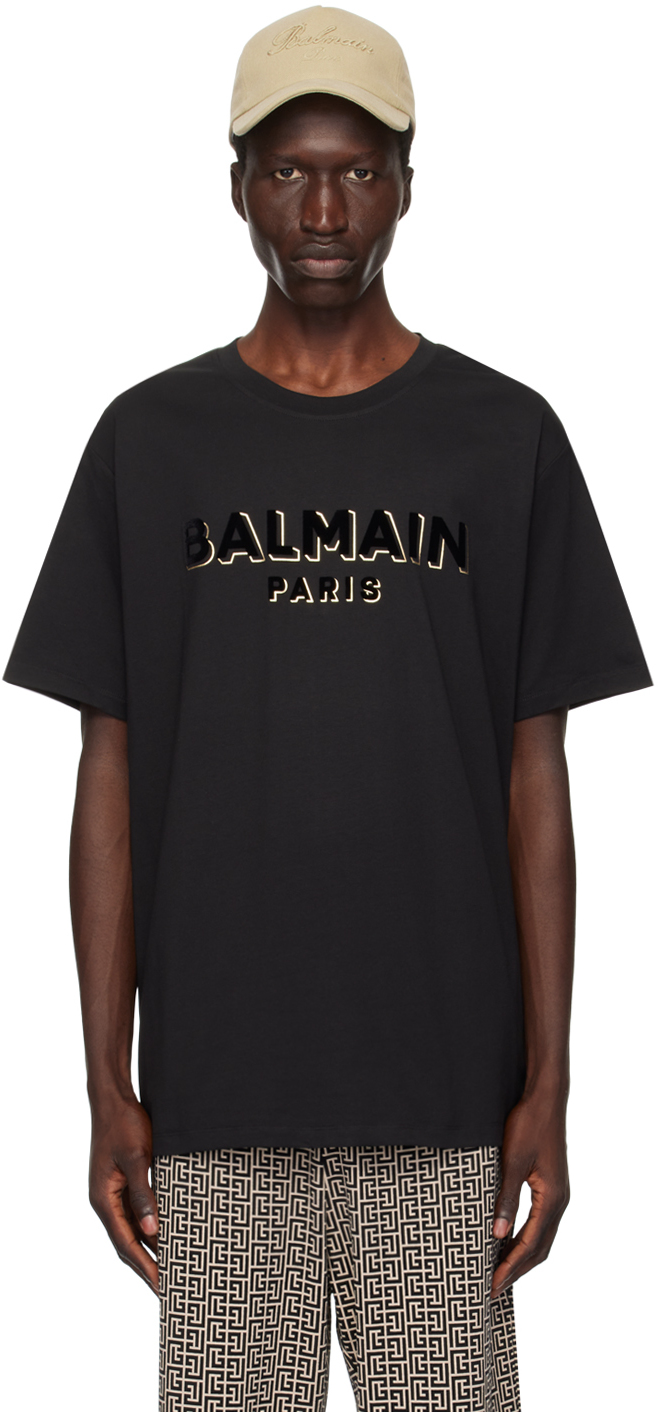 Black Metallic Flocked 'Balmain' T-Shirt