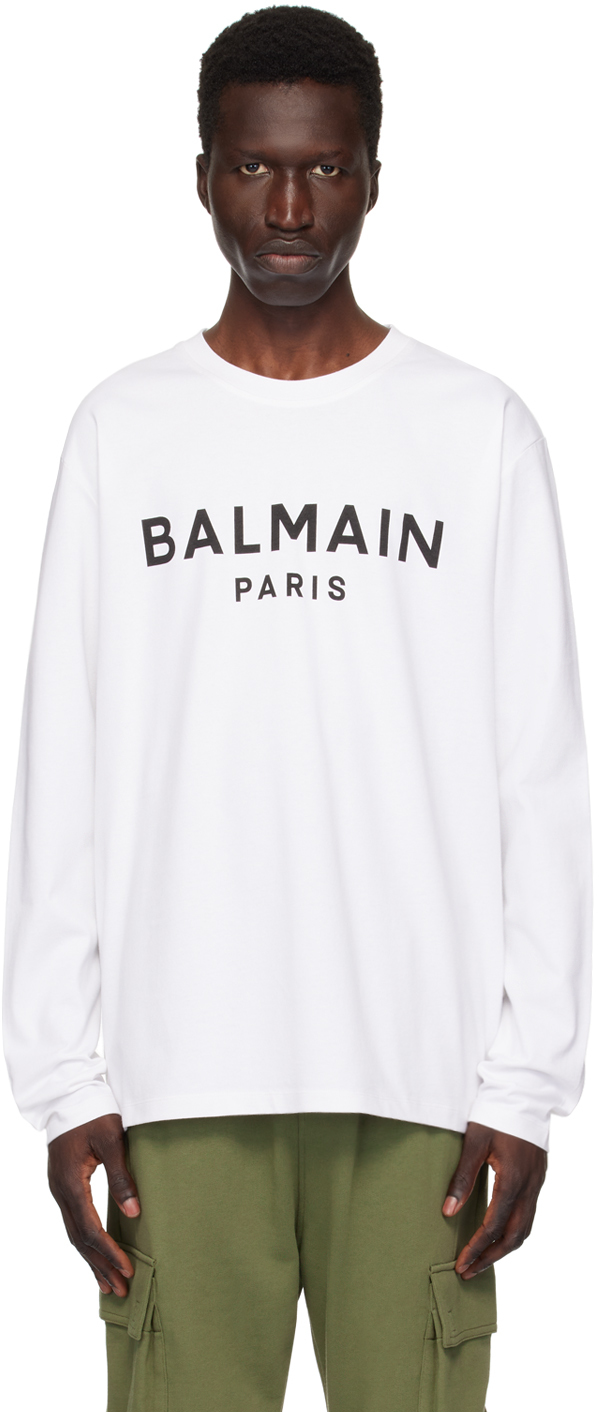 Shop Balmain White Printed Logo Long Sleeve T-shirt In Gab Blanc/noir