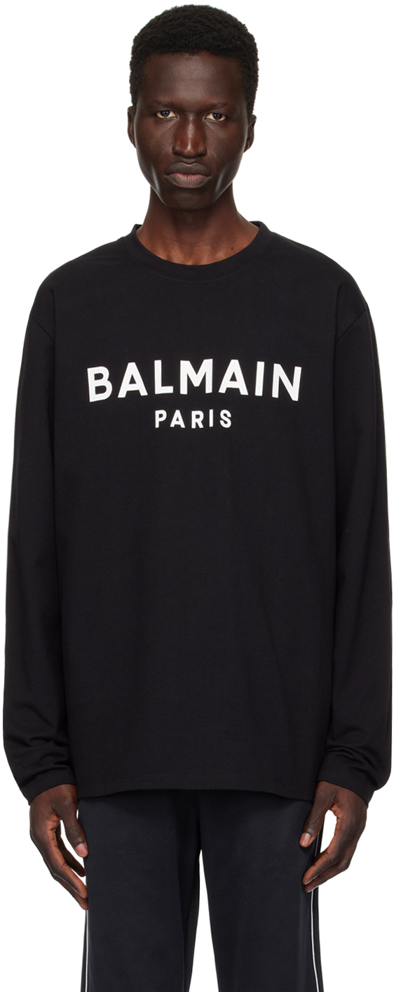 Shop Balmain Black Printed Logo Long Sleeve T-shirt In Eab Noir/blanc