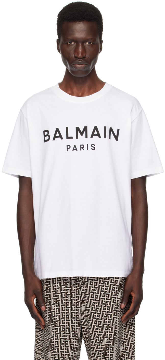 Shop Balmain White Printed ' Paris' T-shirt In Gab Blanc/noir