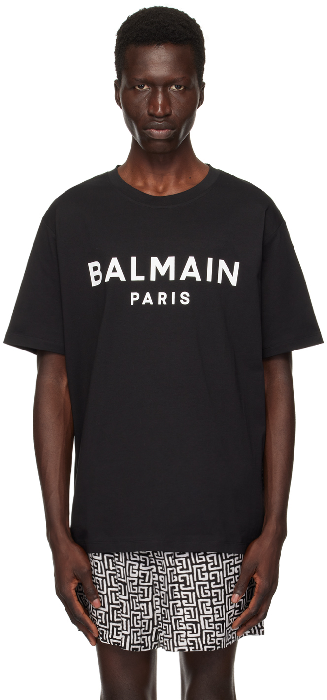 Shop Balmain Black Printed ' Paris' T-shirt In Eab Noir/blanc