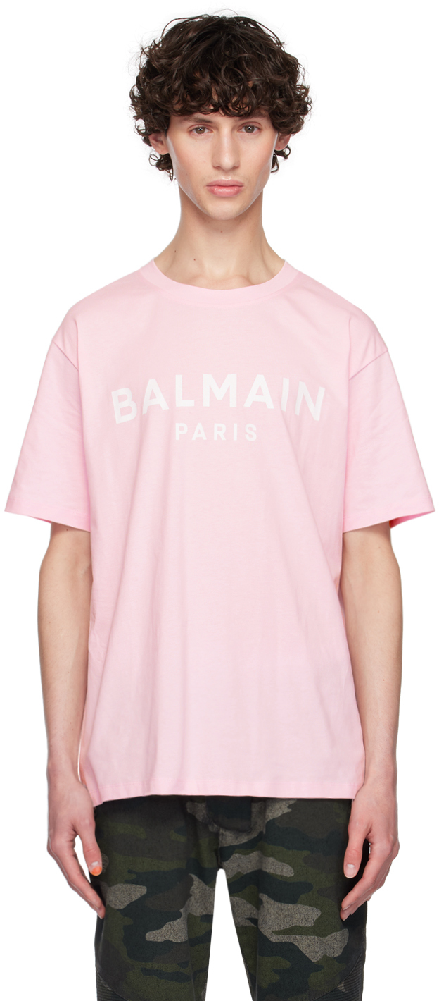 Shop Balmain Pink Printed-logo T-shirt In Oes Rose Clair/blan