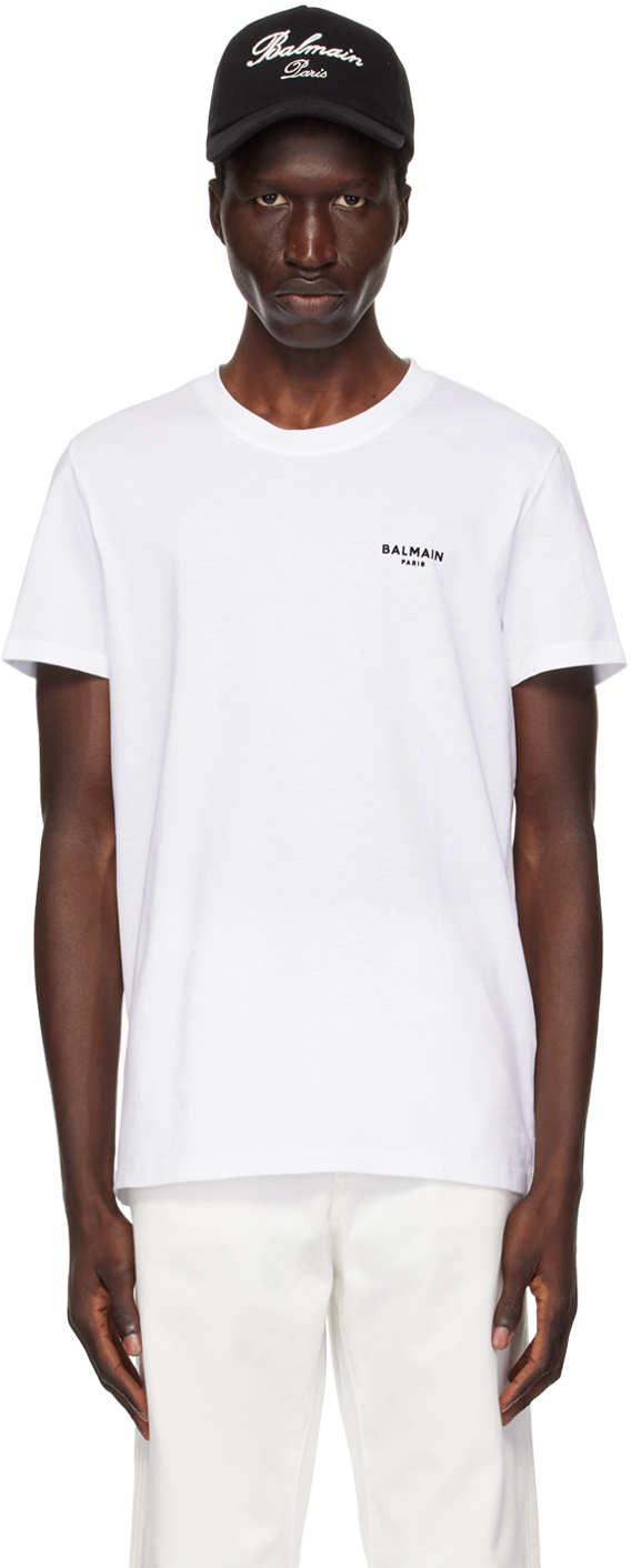 Shop Balmain White ' Paris' Flocked T-shirt In Gab Blanc/noir