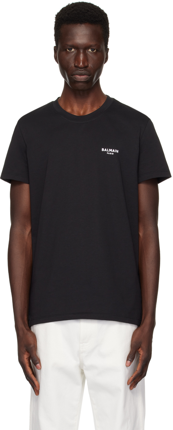 Shop Balmain Black ' Paris' Flocked T-shirt In Eab Noir/blanc