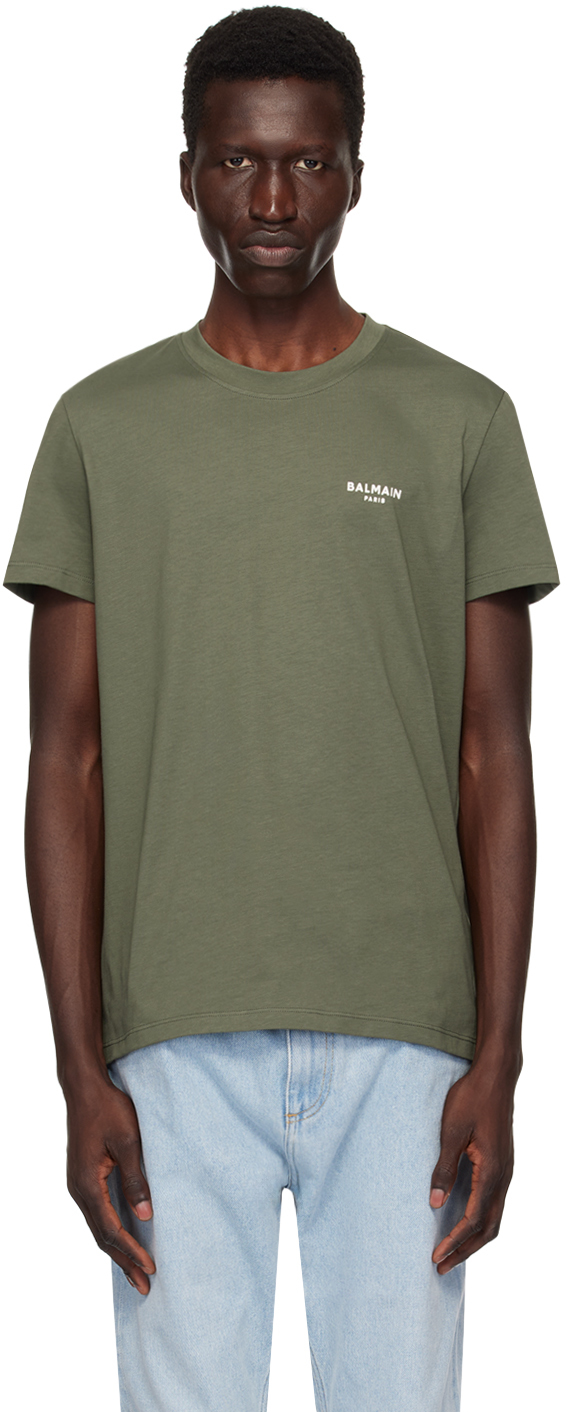 Balmain Khaki ' Paris' Flocked T-shirt In Ukc Kaki Clair/ Nat