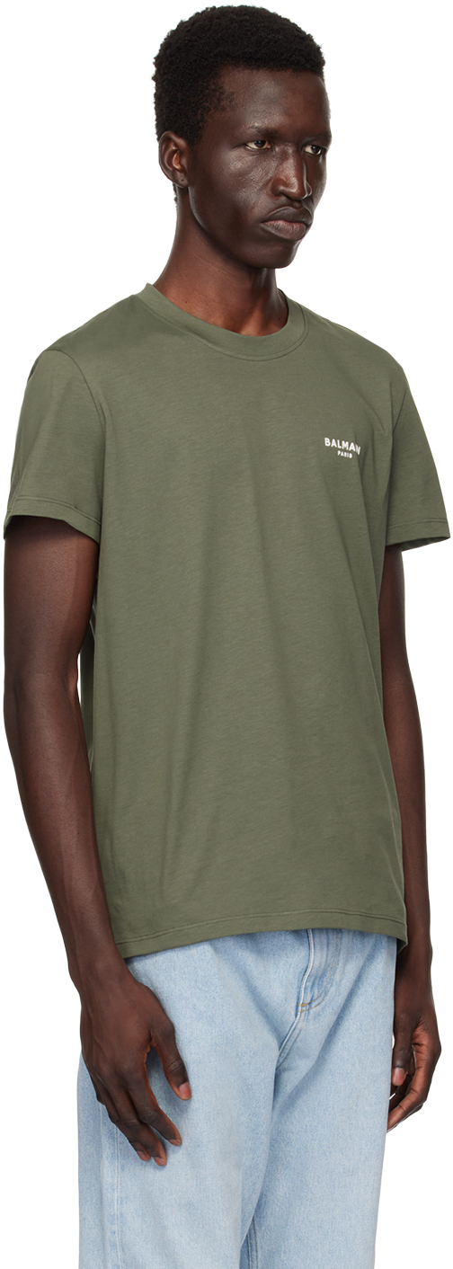 BALMAIN KHAKI 'BALMAIN PARIS' FLOCKED T-SHIRT