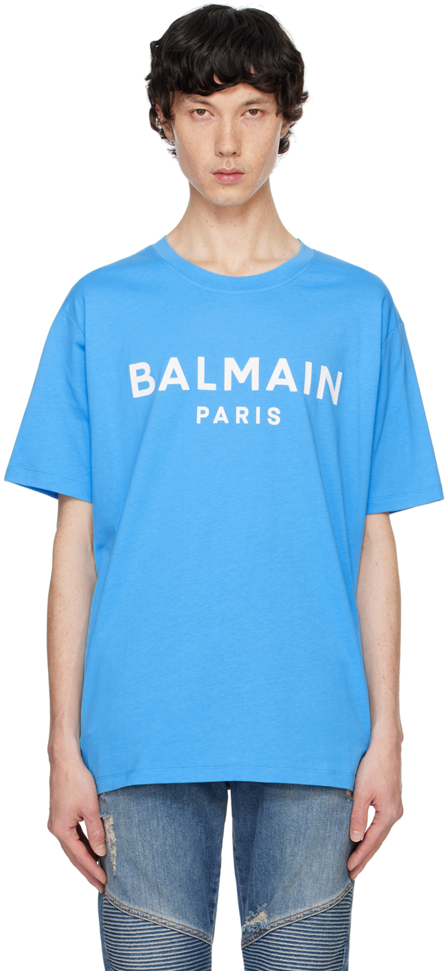 【関税＆送料込み】Balmain Blue Cotton T-Shirt Blue Printed 'Balmain Paris' T-shirt by Balmain on Sale