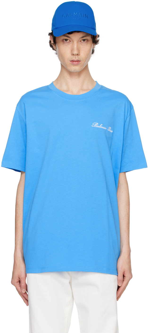 Blue Relaxed 'Balmain Signature' Embroidery T-shirt by Balmain on Sale