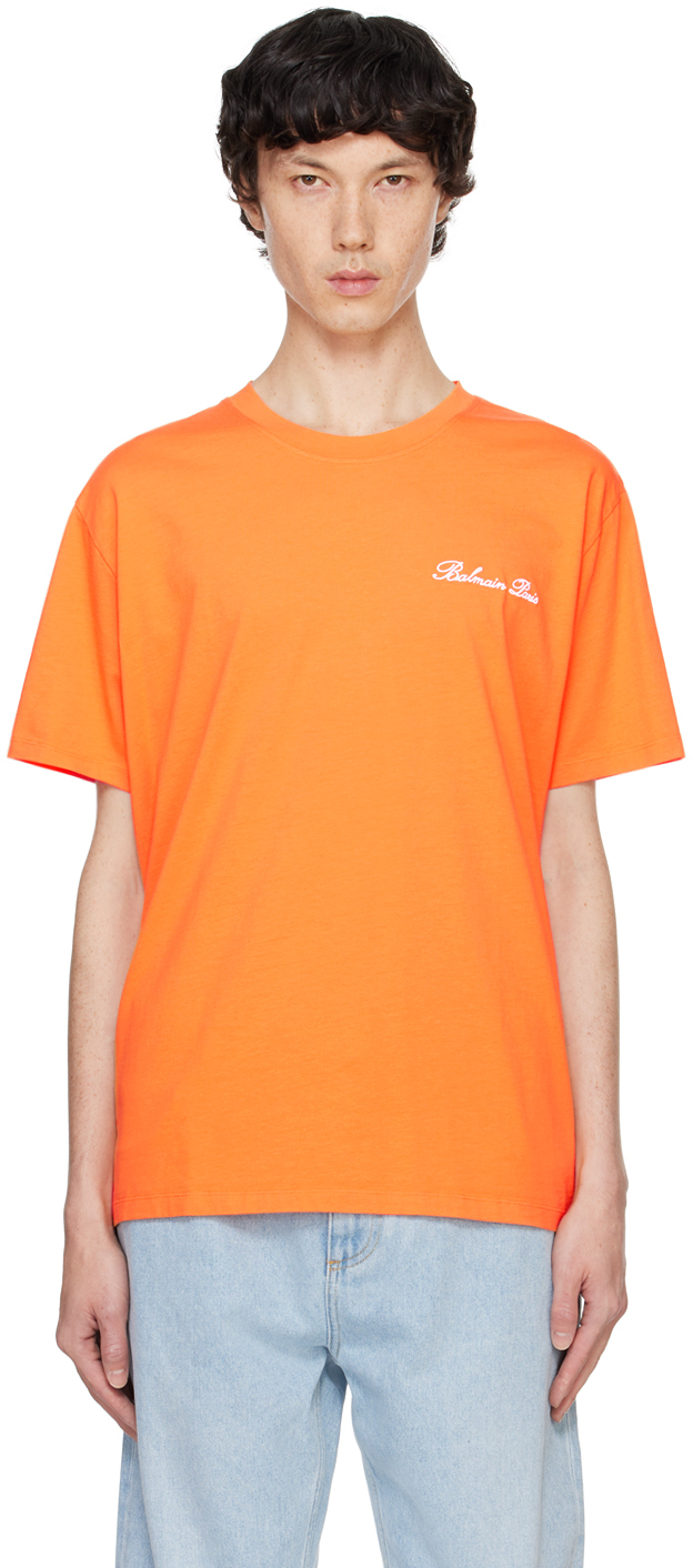 Shop Balmain Orange Relaxed ' Signature' Embroidery T-shirt In Kfj Orange Fluo/blan