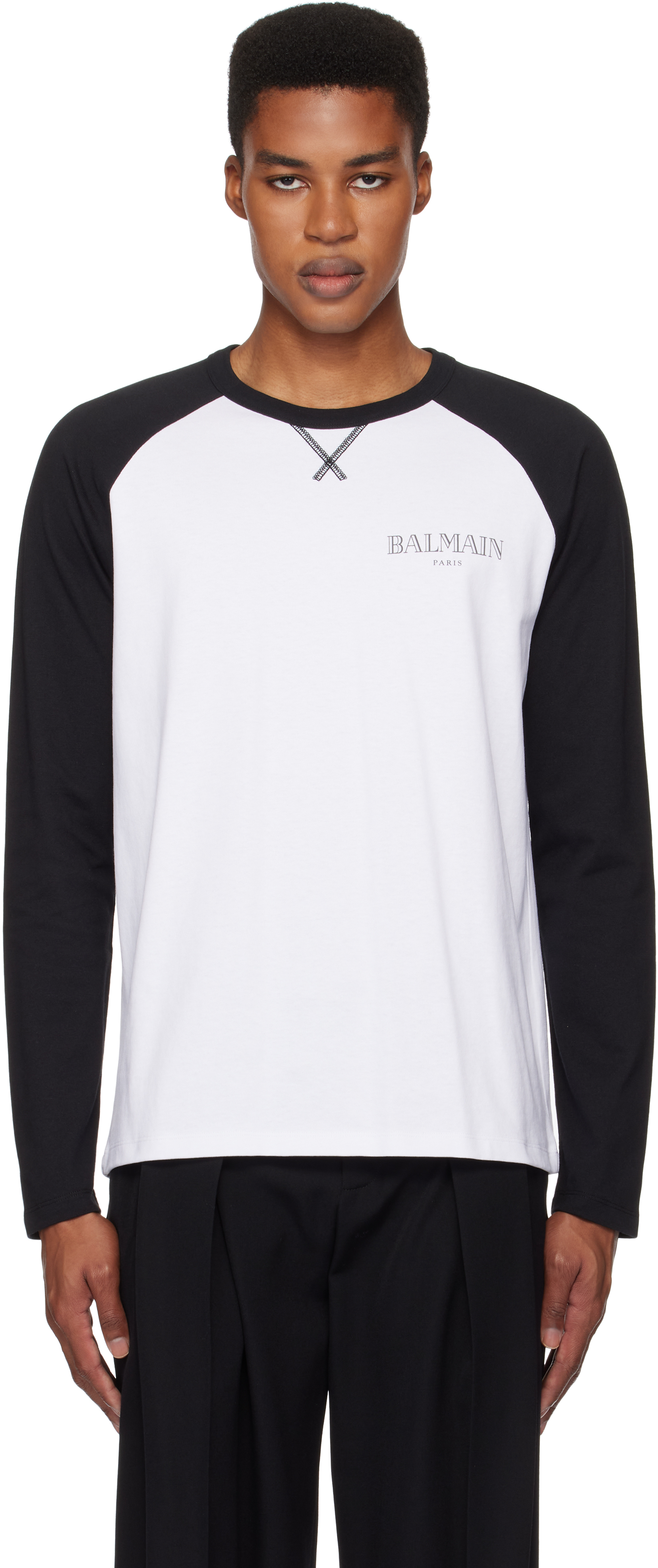 White Black Lips Print Raglan Long Sleeve T shirt by Balmain on Sale