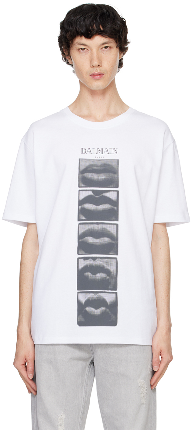 Shop Balmain White Vintage ' Lips' Print T-shirt In Gab Blanc/noir