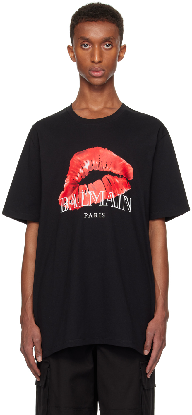 Shop Balmain Black Relaxed Kiss Print T-shirt In Ebl Noir/rouge/blanc