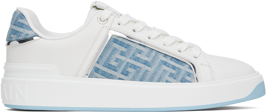 Balmain White B-court Sneakers In 6eo Bleu Denim/blan