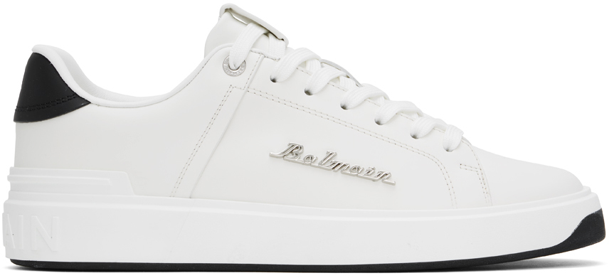 Shop Balmain White Calfskin B-court Sneakers In Eab Noir/blanc