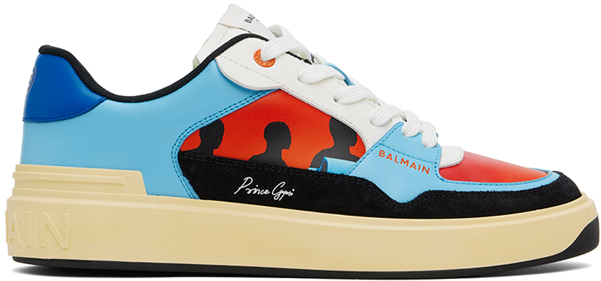 Shop Balmain Blue & Red Calfskin B-court Flip Prince Gyasi Print Sneakers In 6dp Bleu Turquoise/o