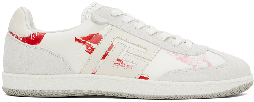 Shop Balmain White & Gray Calfskin '' Swan Sneakers In Ghb Blanc/rouge