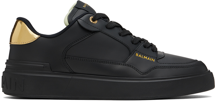 Shop Balmain Black B-court Flip Calfskin Sneakers In Ead Noir/or