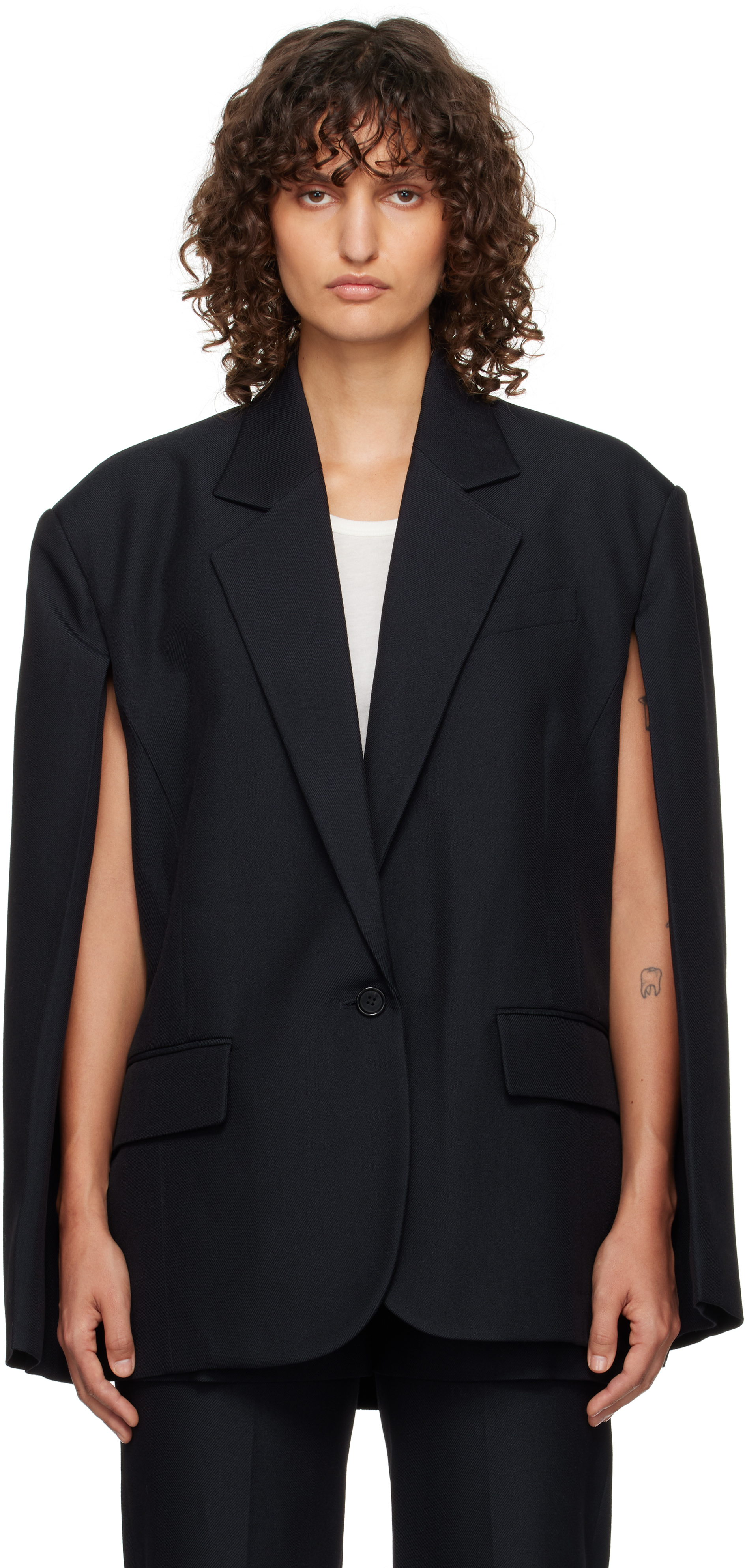 Navy Open Back Cape Blazer