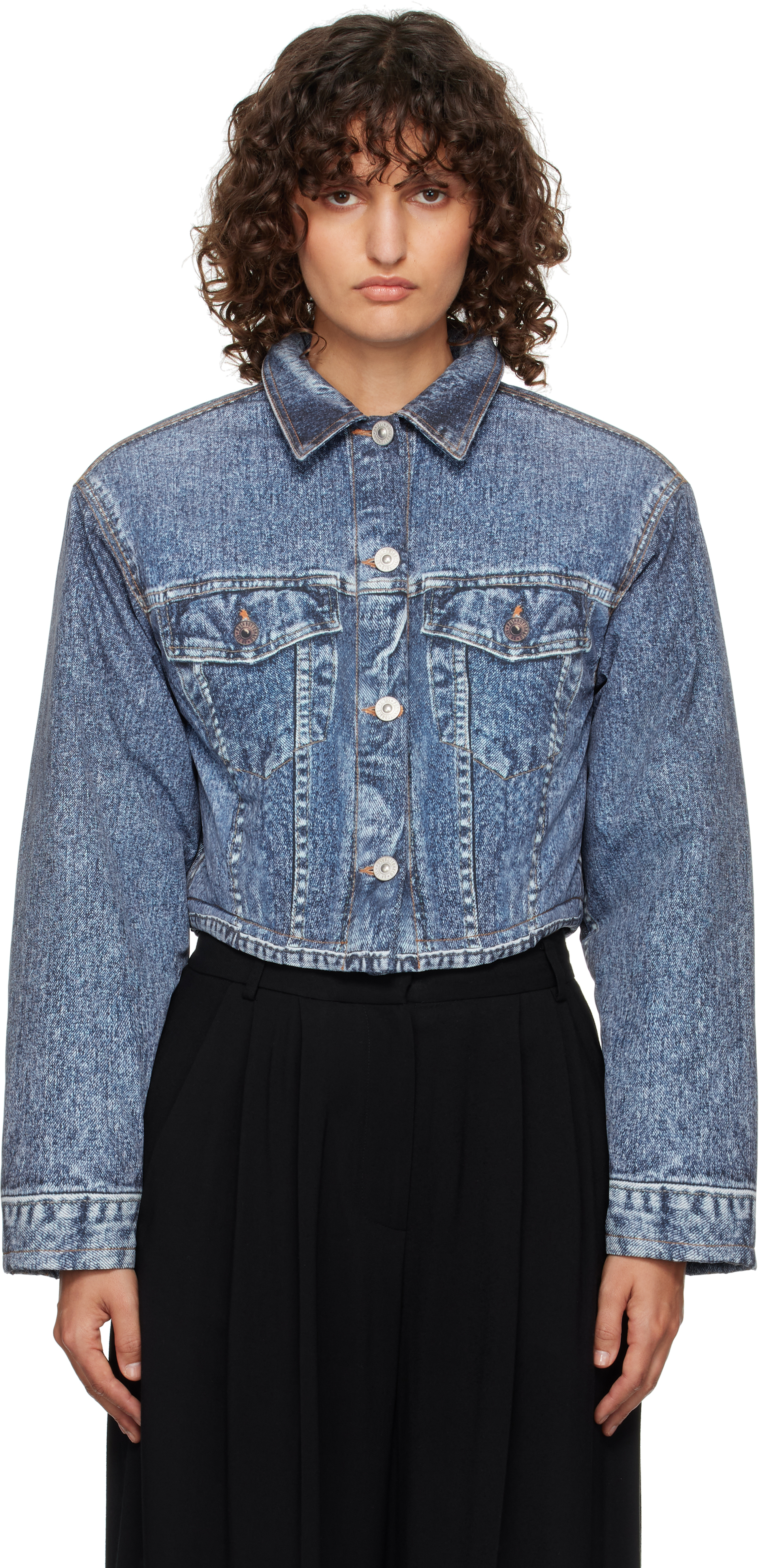 Blue Denim Print Cropped Jacket by Pushbutton on Sale Blue Denim Print Cropped Jacket by Pushbutton on Sale