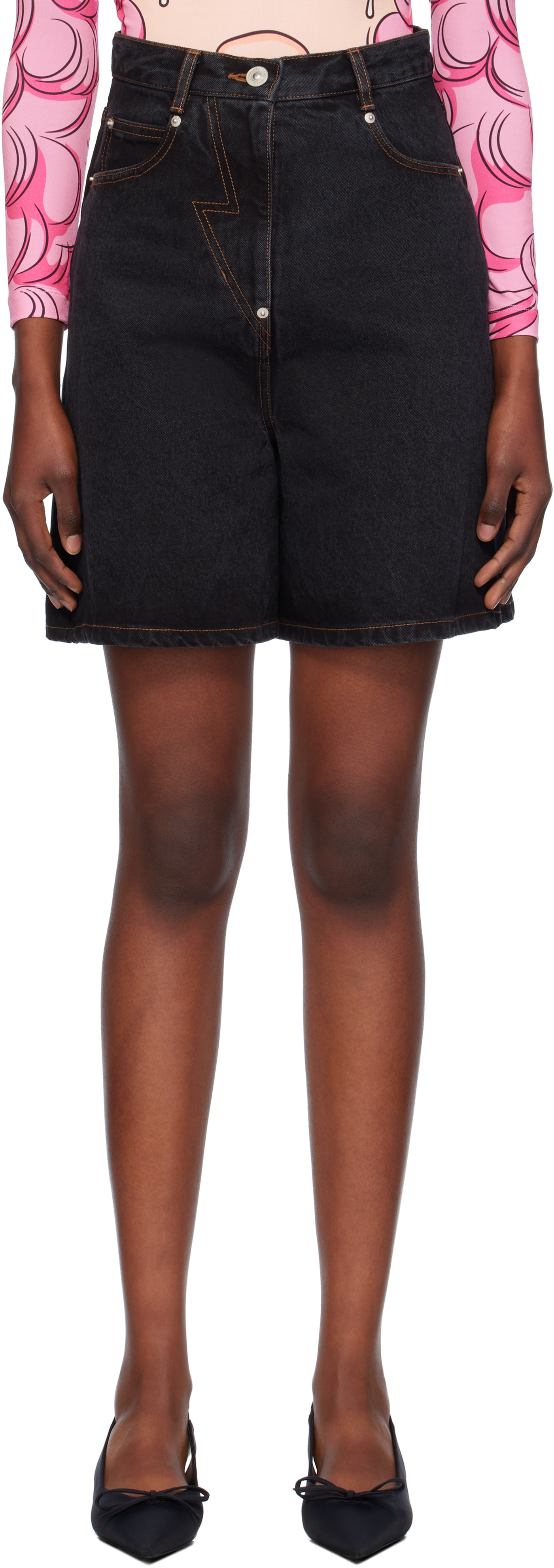 Navy Five-Pocket Denim Midi Skort