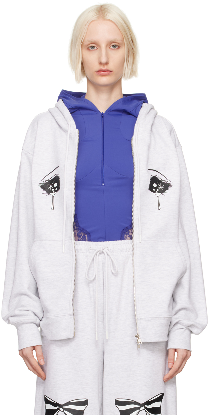 Shop Pushbutton Gray Crying Eye Zip-up Hoodie In Grey