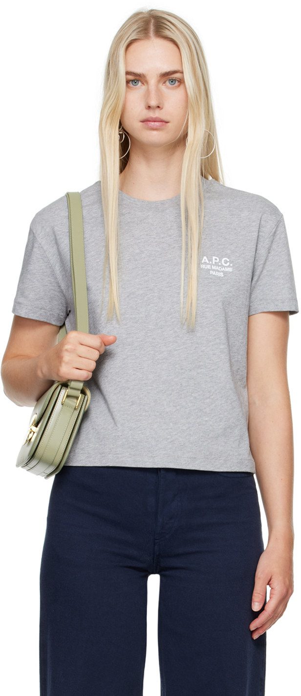 Shop Apc Gray Embroidered Logo T-shirt In Gris Chine / Blanc