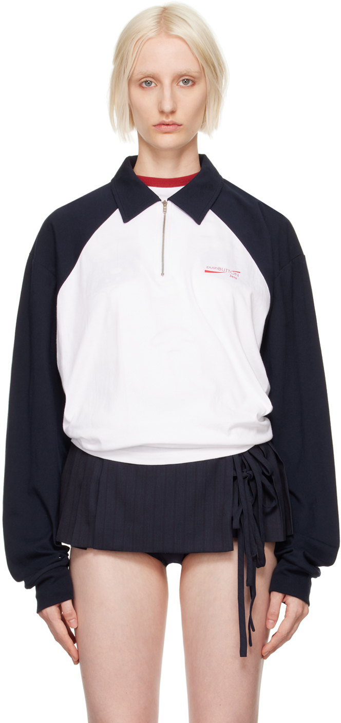 White Color Block Half-Zip Polo