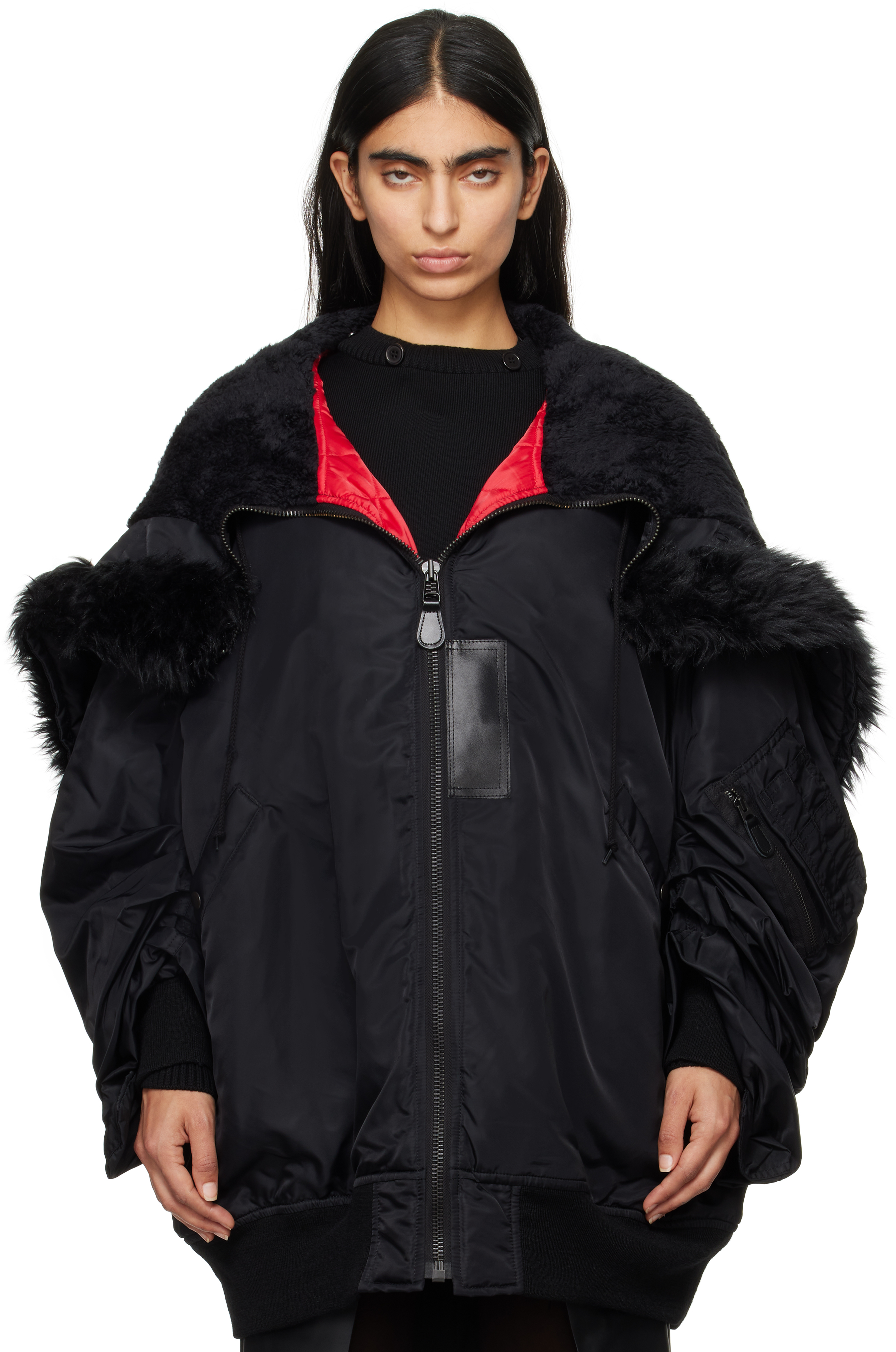 Shop Junya Watanabe Black Nylon & Faux Fur Jacket In 1 Black/black