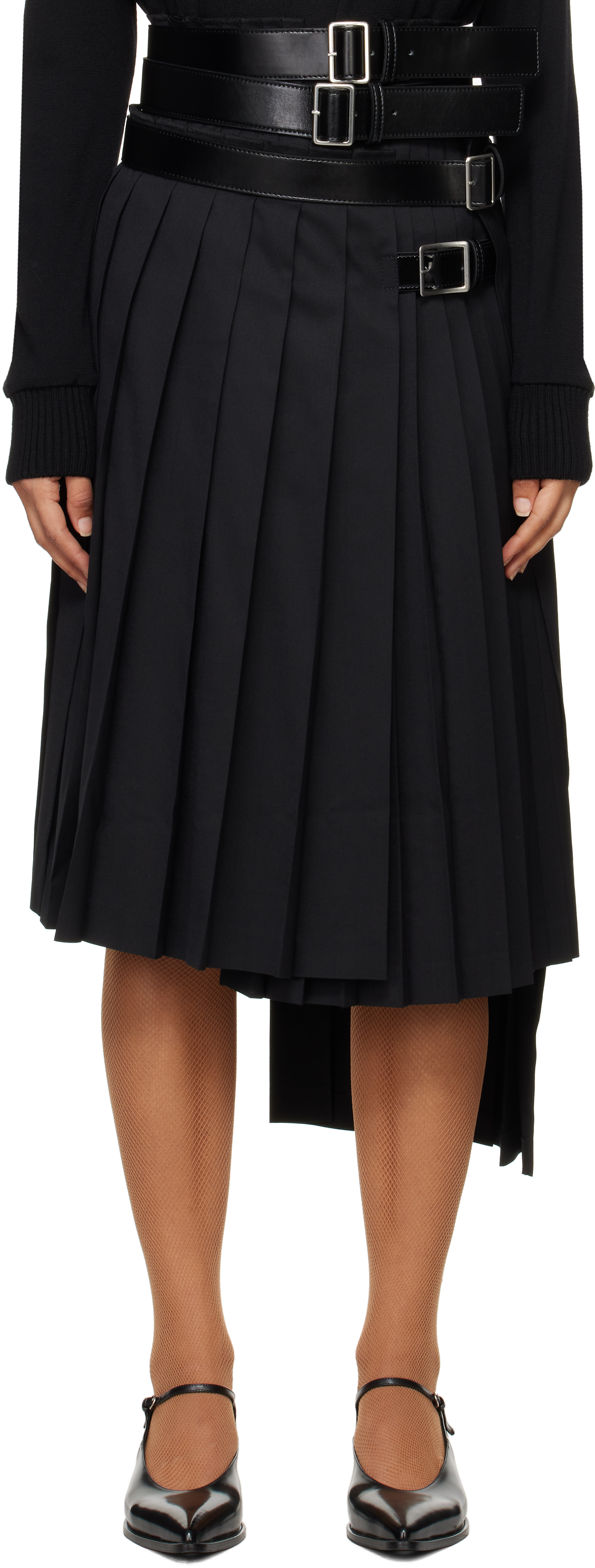 Shop Junya Watanabe Black Gabardine & Faux-leather Midi Skirt In 1 Black/black