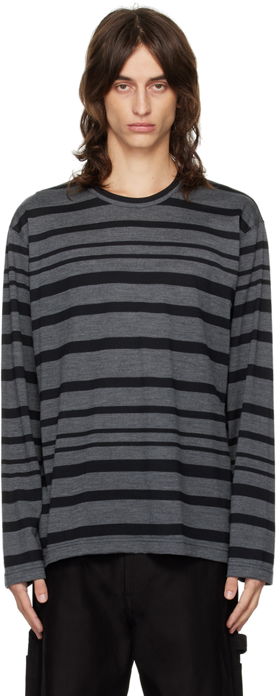 Gray & Black Stripe Wool Long Sleeve T-Shirt