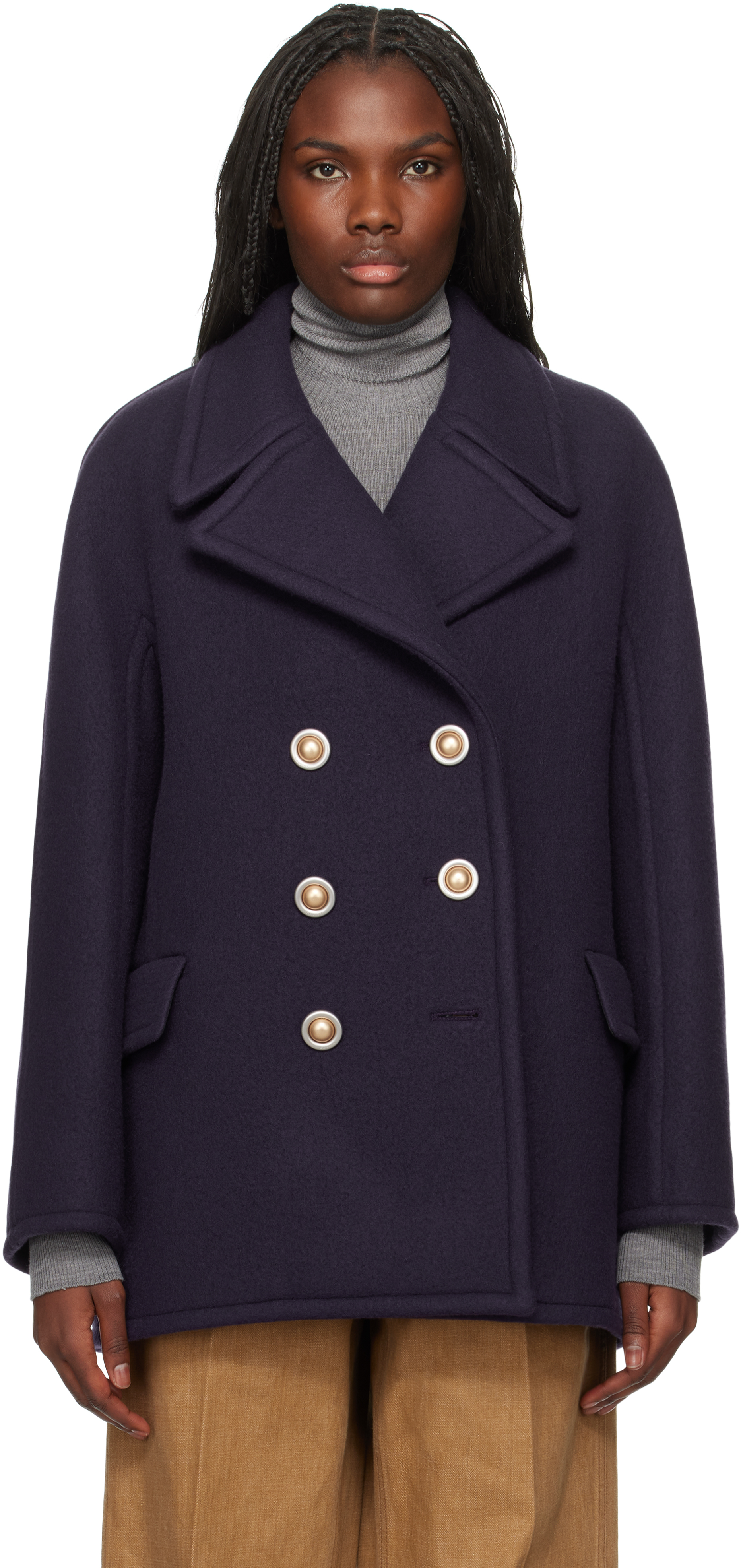 【関税込み】Lanvin ネイビー ダブルブレスト ピーコート Lanvinのネイビー ダブルブレスト ピーコートがセール中