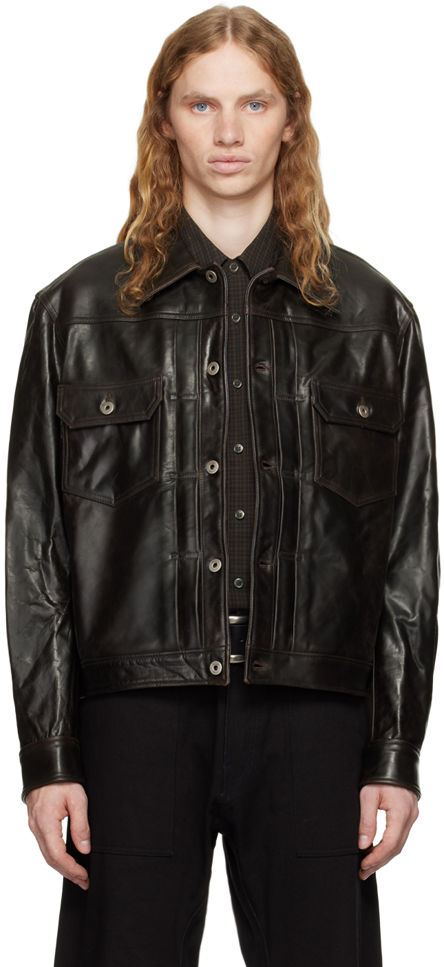 Shop Coor Brown Pocket Trucker Leather Jacket In Dark Brown