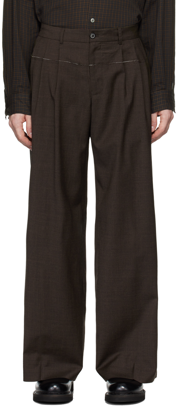 Brown Raw Cut 3 Pleat Trousers