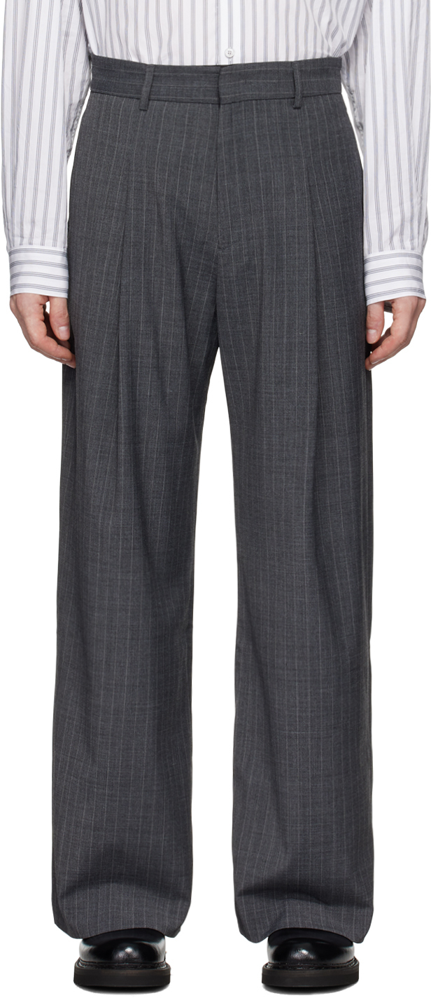 Gray Stripe Wool Wide Trousers