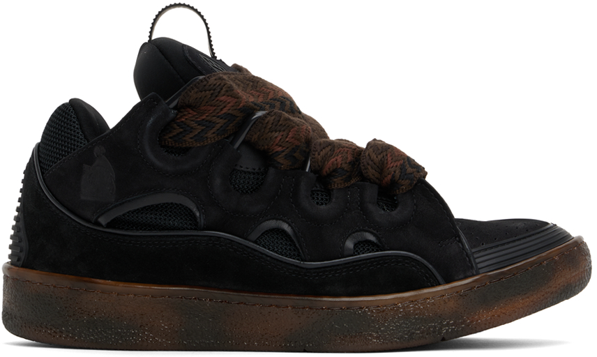 Shop Lanvin Black Leather Curb Sneakers In 6460 Dark Brown/brow