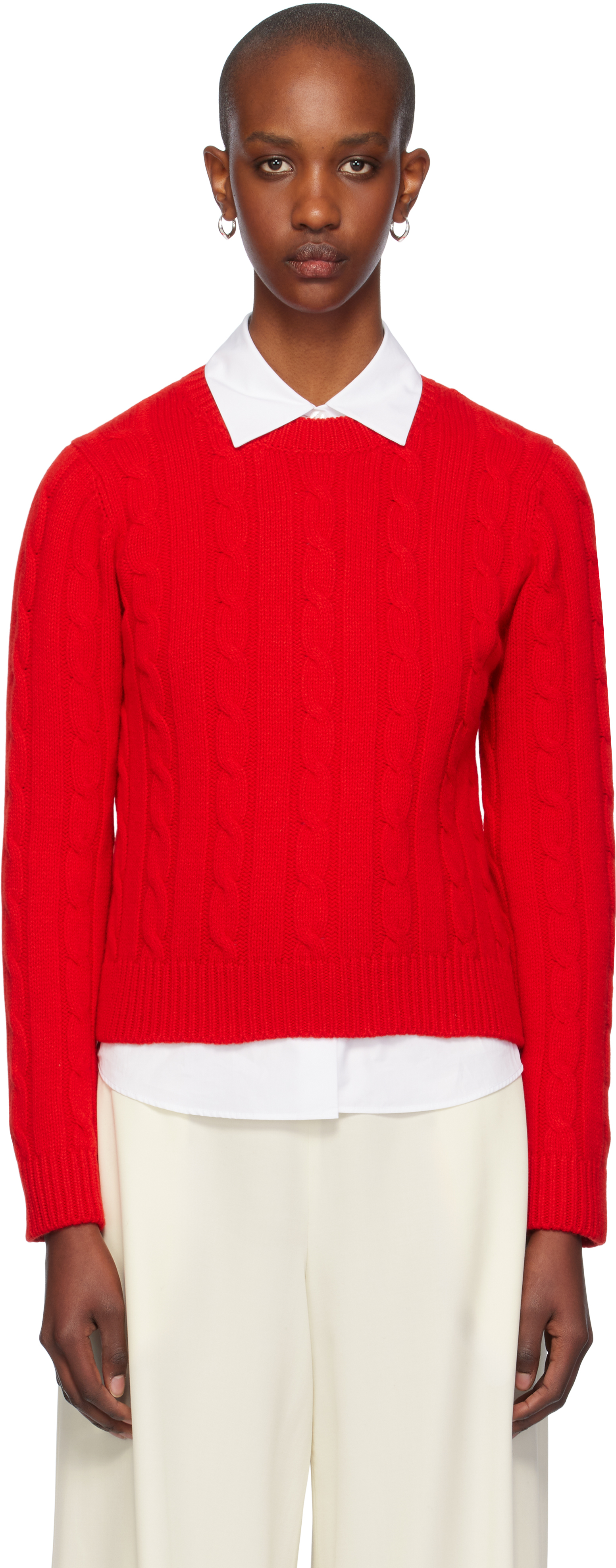 Shop And-daughter Red Carrow Cable Crewneck Sweater In Poppy Red