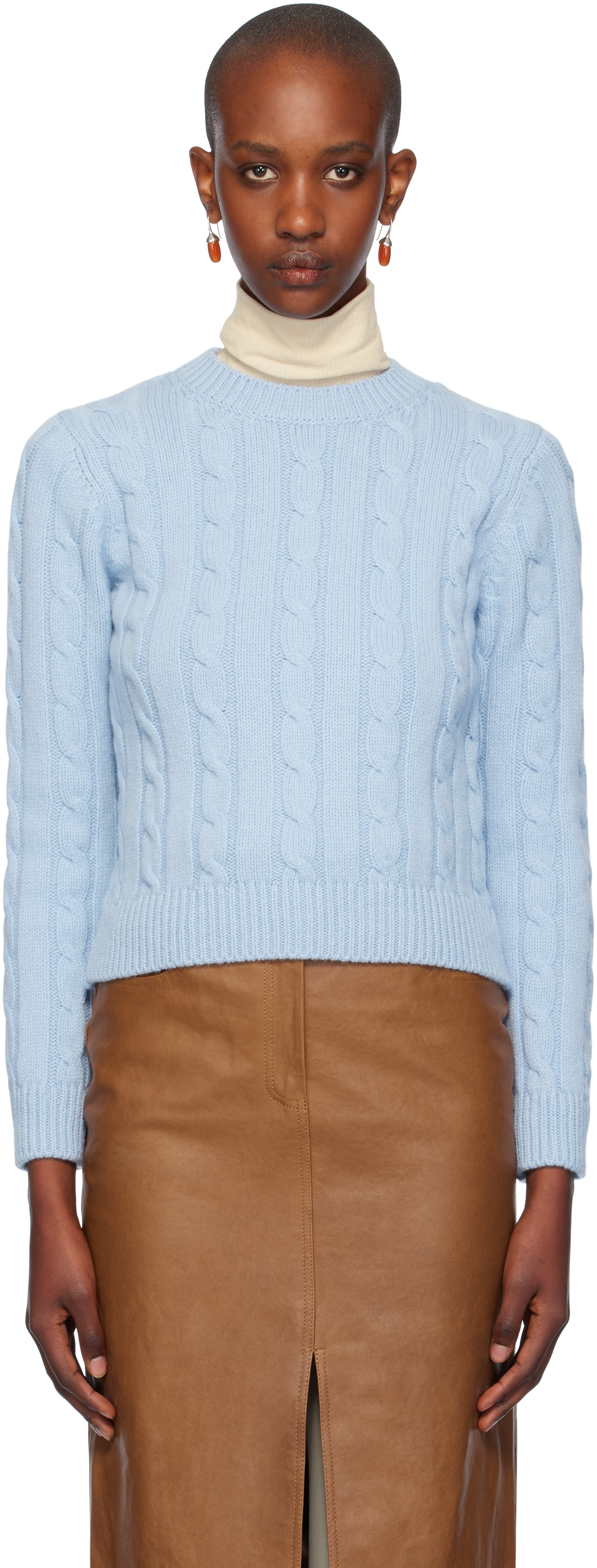 Shop And-daughter Blue Carrow Cable Crewneck Sweater In Pale Blue