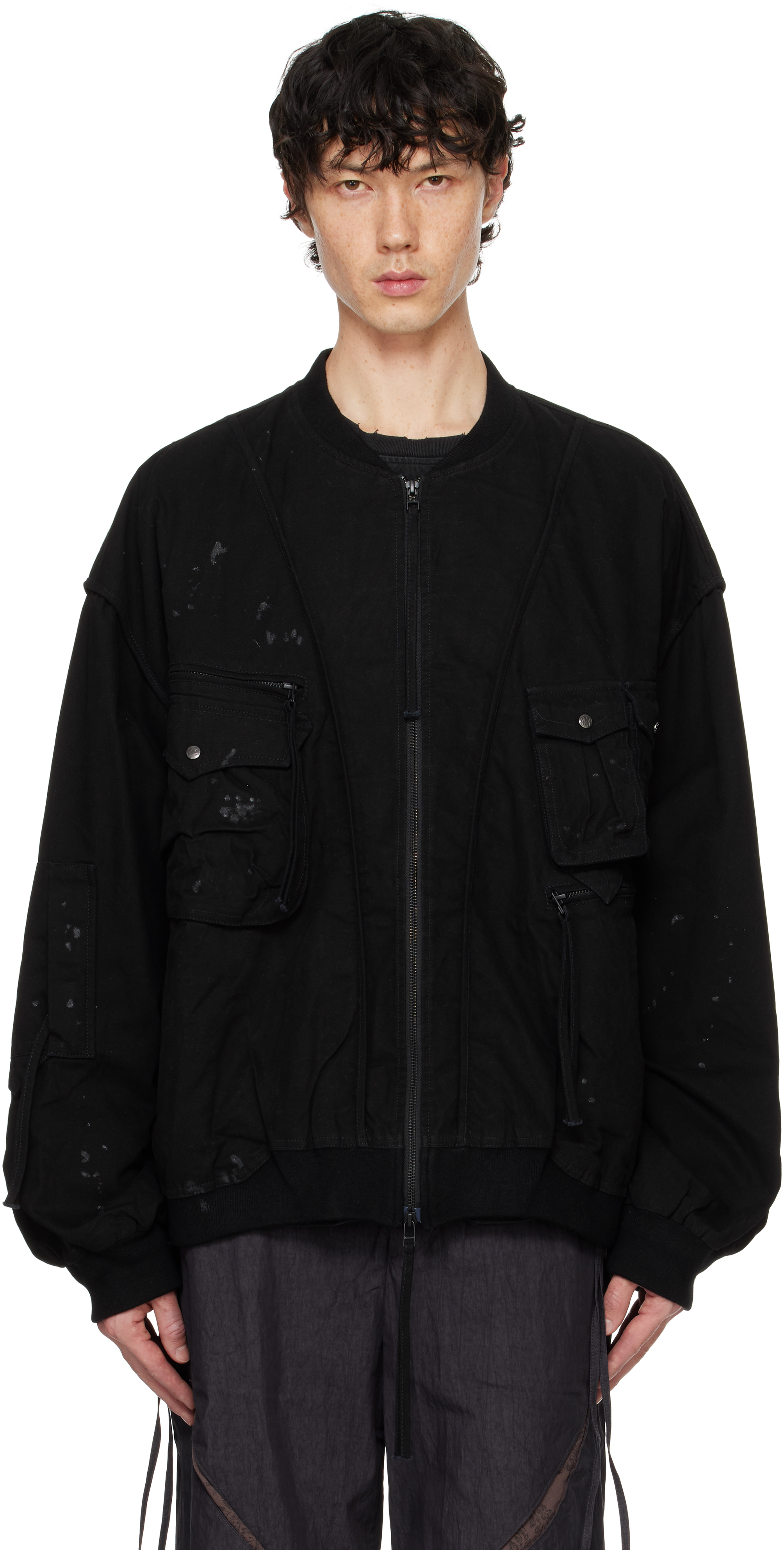 Shop Professor.e Black Parachute Cargo Bomber Jacket In Washed Black