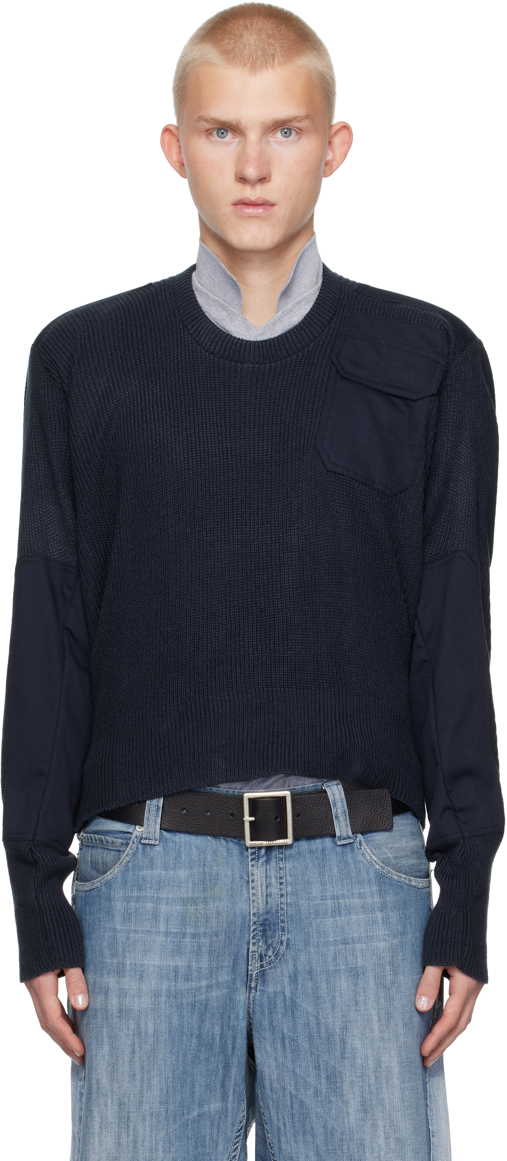 Navy Moved Neckline Military Knit Sweater