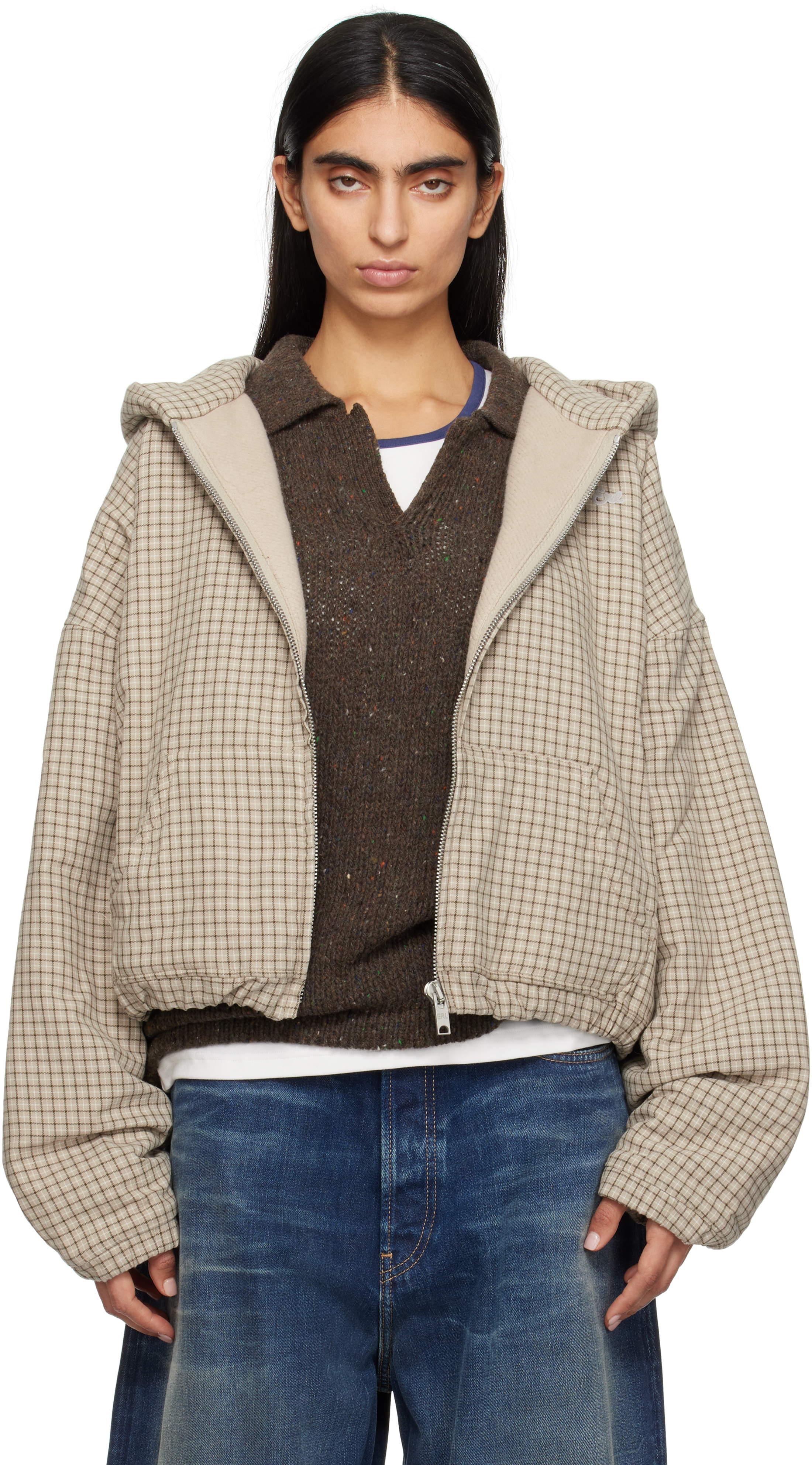 Beige Plaid Padded Check Jacket