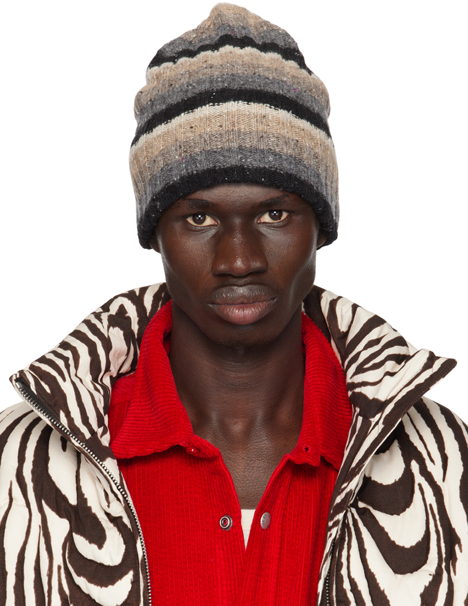 Beige & Gray Wool Striped Beanie
