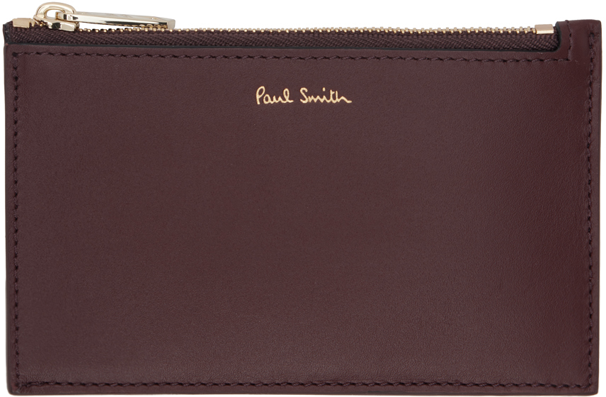 Burgundy Signature Stripe Leather Zip Card Holder