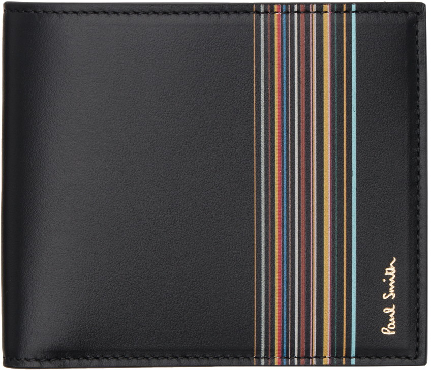 Black Leather Signature Stripe Block Billfold Wallet