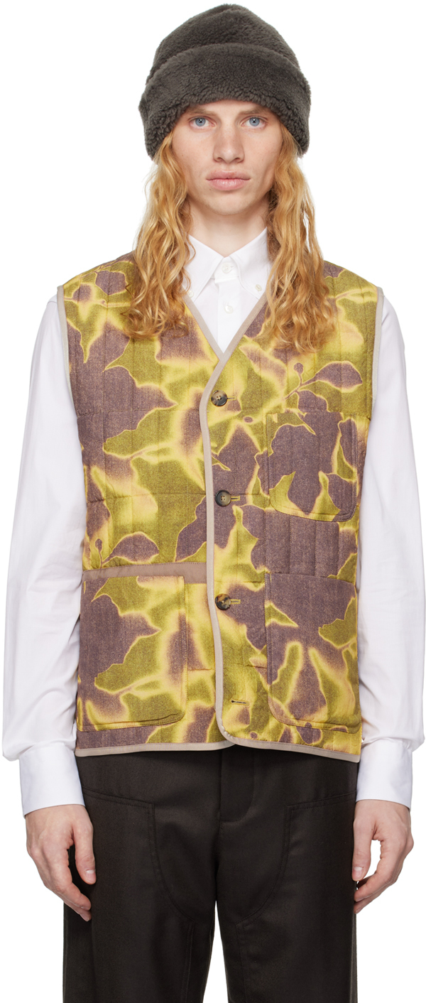 Multicolor Photogram Leaves Print Quilted Vest