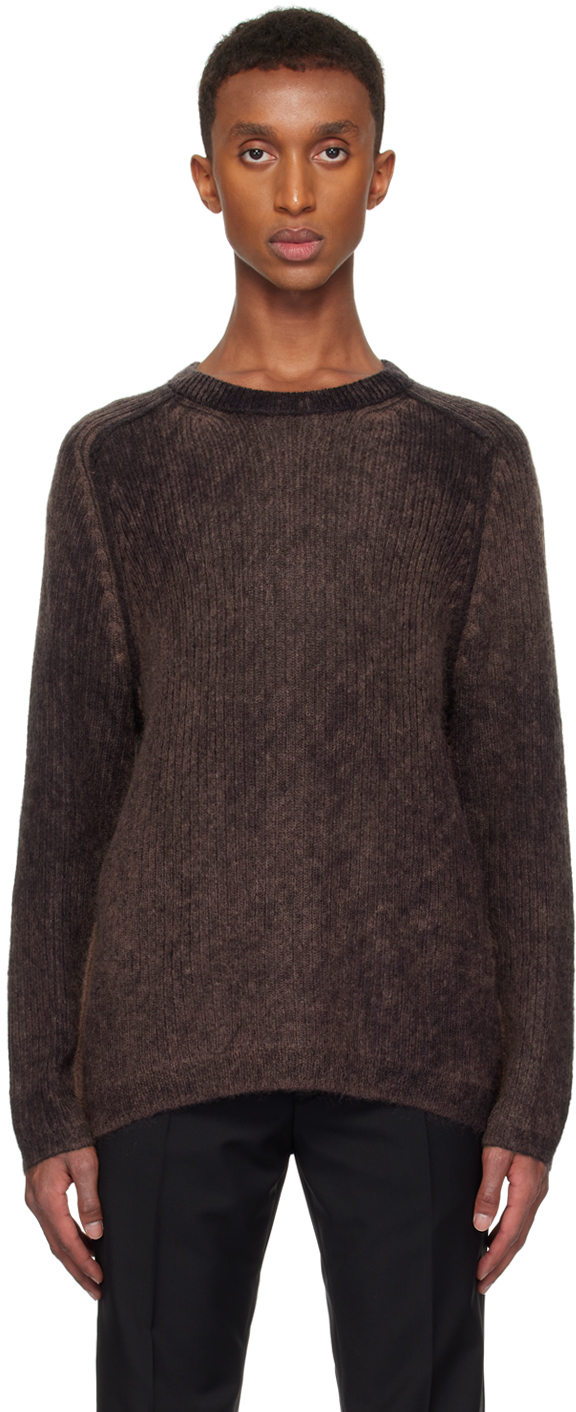 Brown Acid-Wash Print Effect Wool-Mohair Sweater