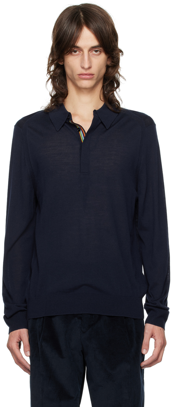 Shop Paul Smith Navy Spread Collar Long Sleeve Polo In 49 Blues