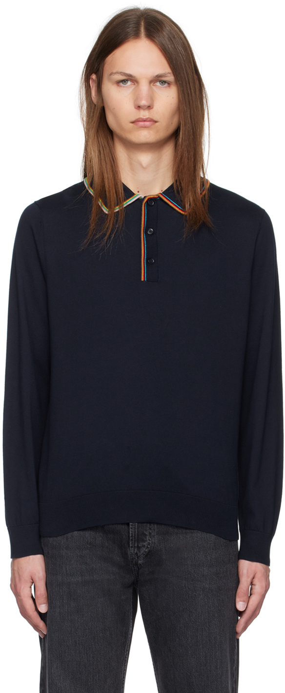 Navy Signature Stripe Long Sleeve Polo by Paul Smith on Sale