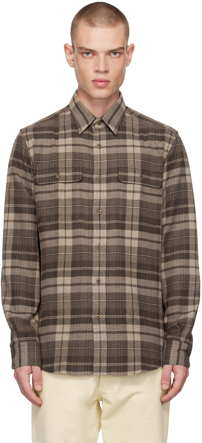 Shop Ralph Lauren Purple Label Brown Plaid Shirt In Brown Melange